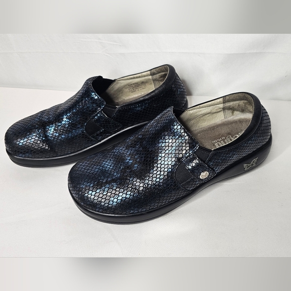 Alegria Black & Blue Leather Snakeskin Print Slip-On Clogs Size 39 = US 9 - Picture 1 of 9